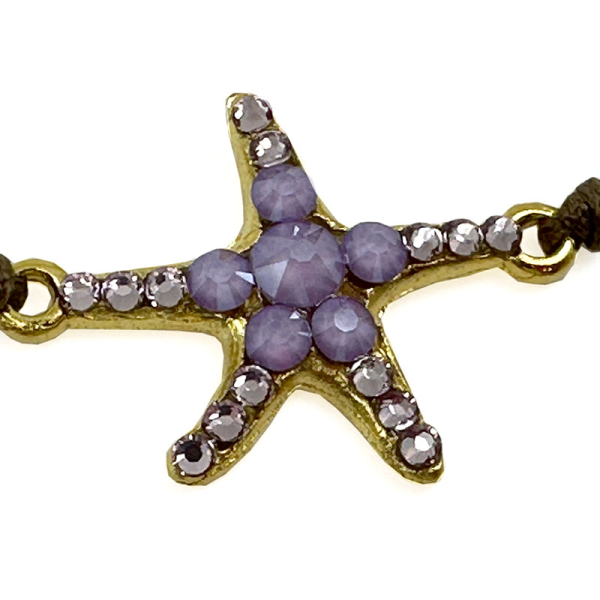 Ekaterini friendship bracelet, starfish, aqua blue Swarovski crystals lilac , cord, gold accents, detail